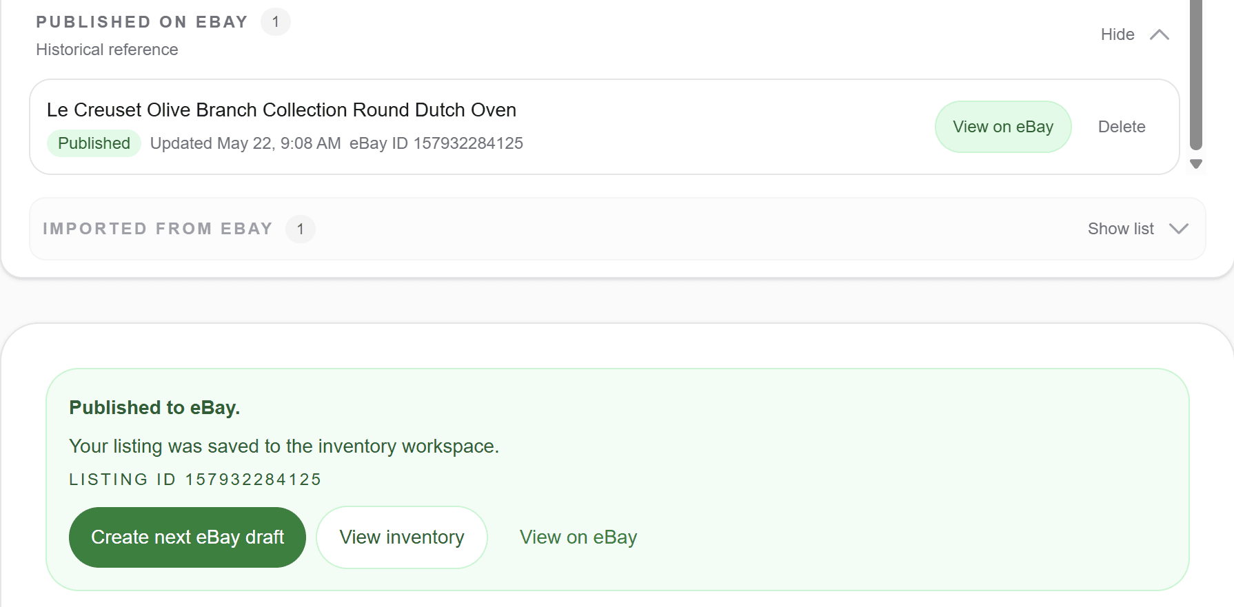 Published listing in inventory workspace on desktop