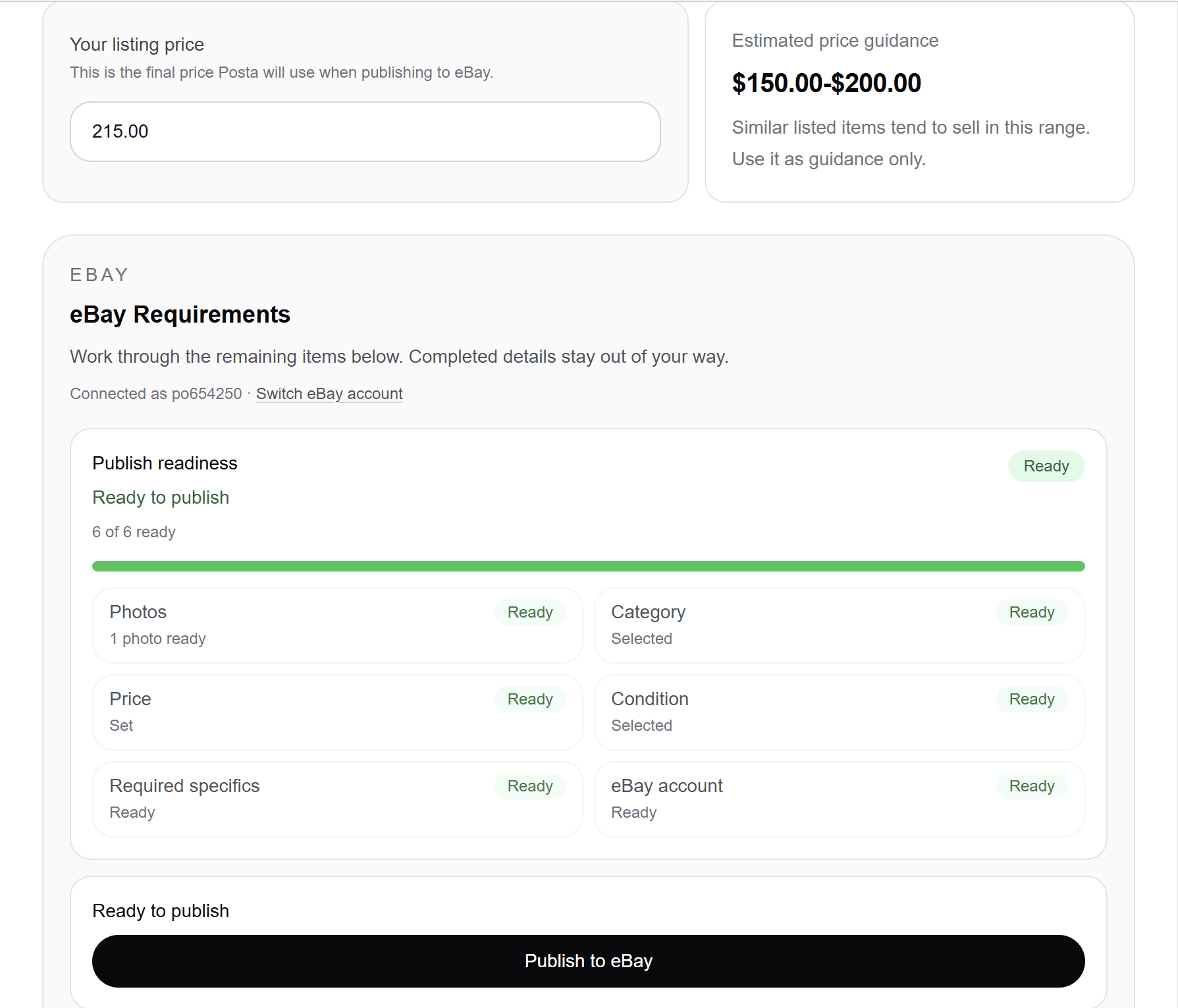 eBay publish readiness with pricing and requirements in Posta