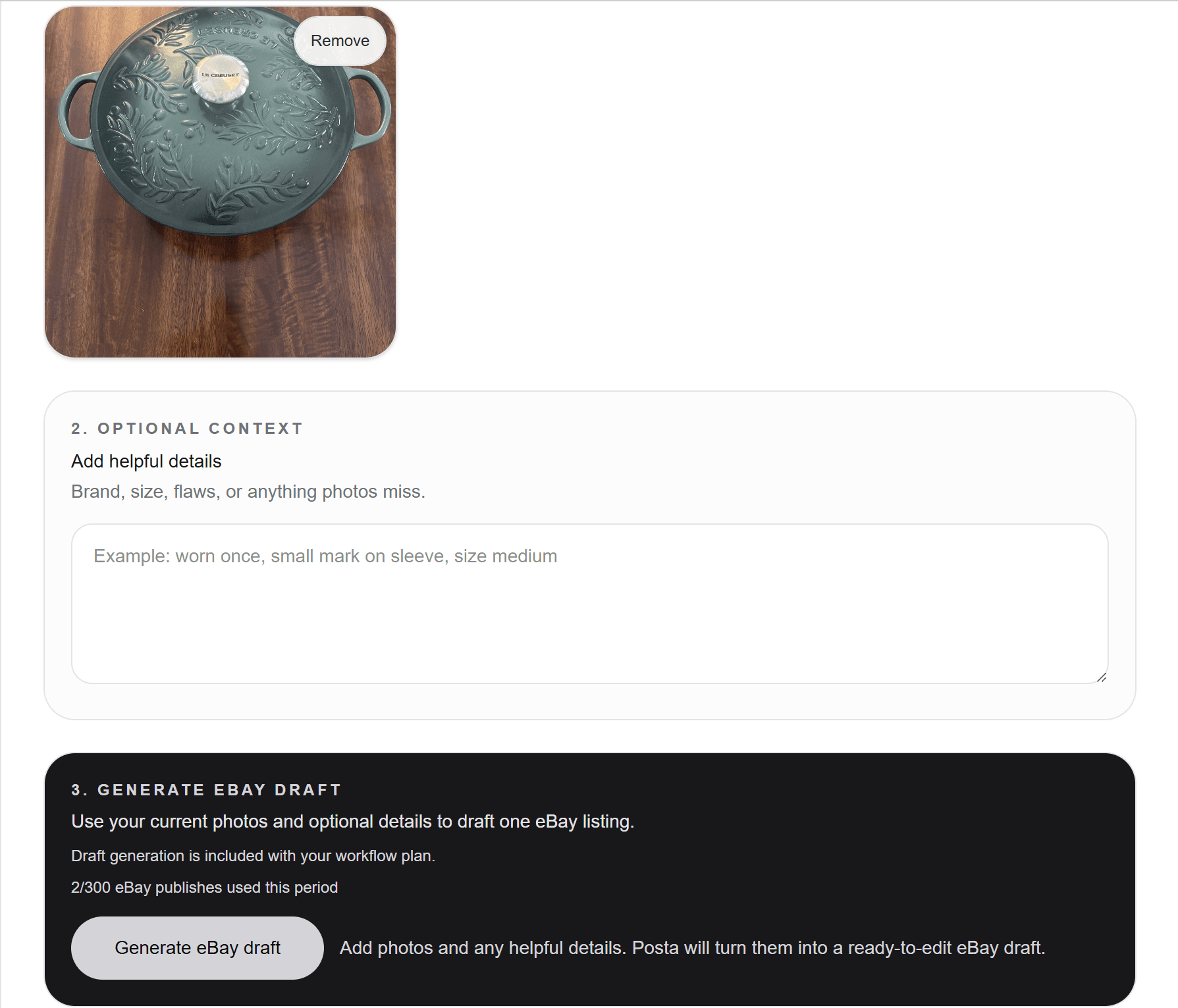 Adding item photos and generating an eBay draft in Posta