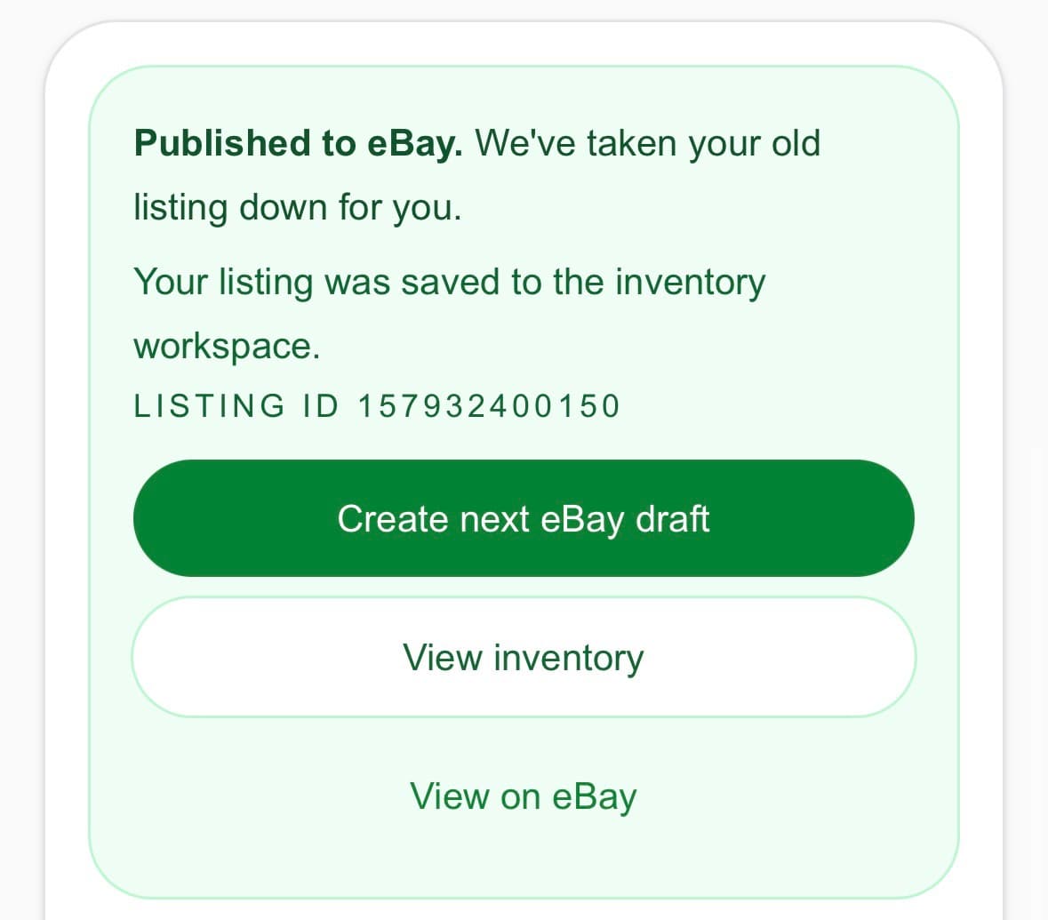 Published to eBay on mobile with Create next eBay draft button visible